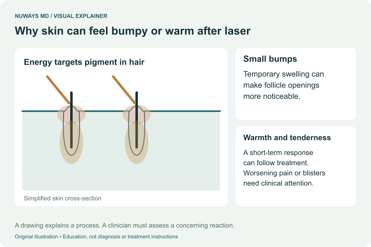 A simplified skin cross-section shows laser energy absorbed by a pigmented hair, heat around the follicle and temporary swelling at the follicle opening.