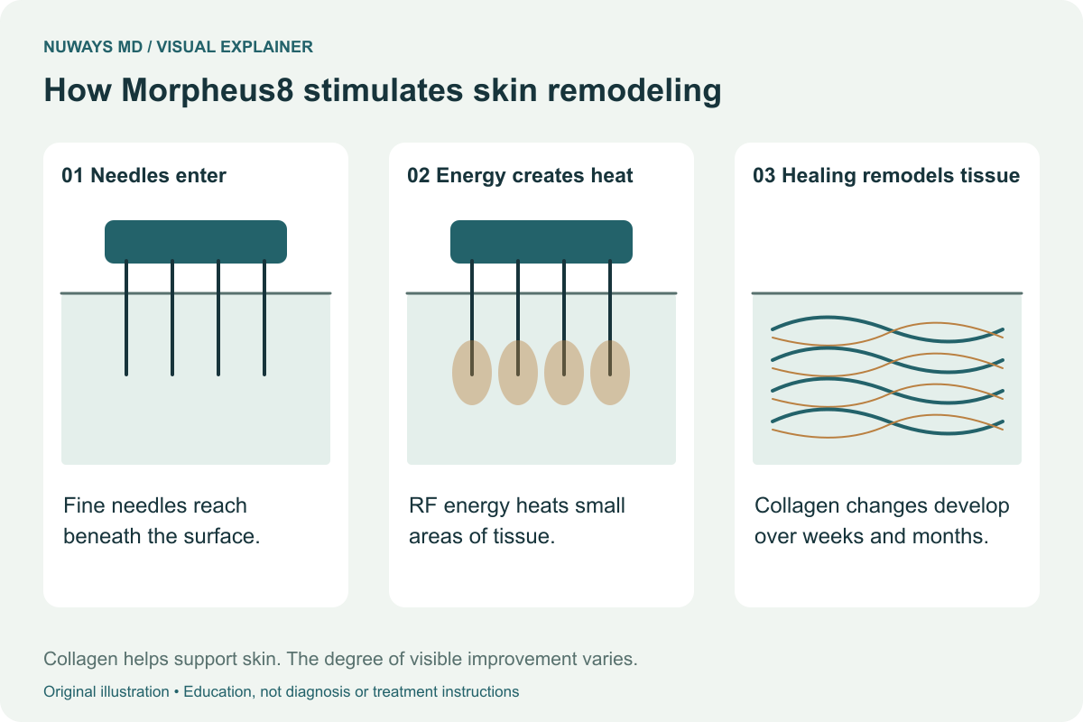Skin cross-section shows a microneedling handpiece, small heating zones beneath the surface, and collagen remodeling during healing.