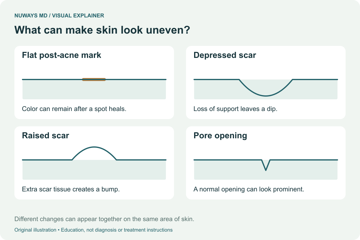 Four simplified skin profiles show a flat color mark, a depressed scar, a raised scar and a pore opening, with a plain-language explanation beneath each.
